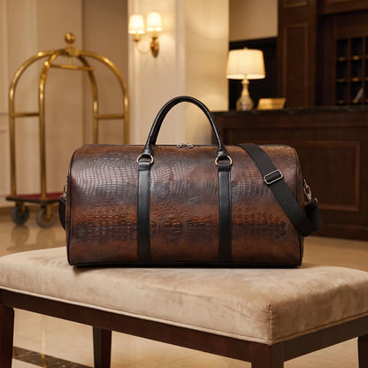 Crocodile textured weekender duffel bag in dark brown