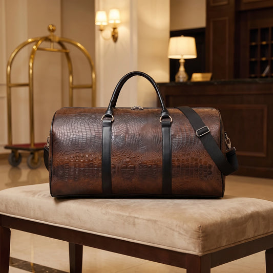 Crocodile textured weekender duffel bag in dark brown