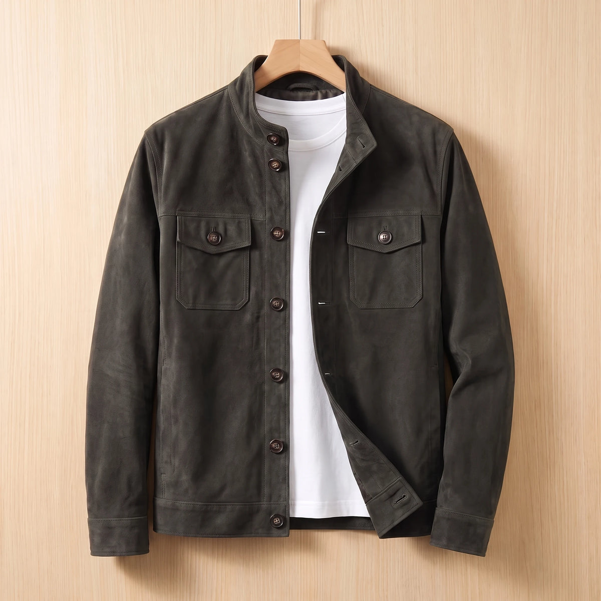 REFINED CHORE JACKET dark grey suede button-front shirt-jacket with two chest flap pockets on a wooden hanger against a light bright wood wall