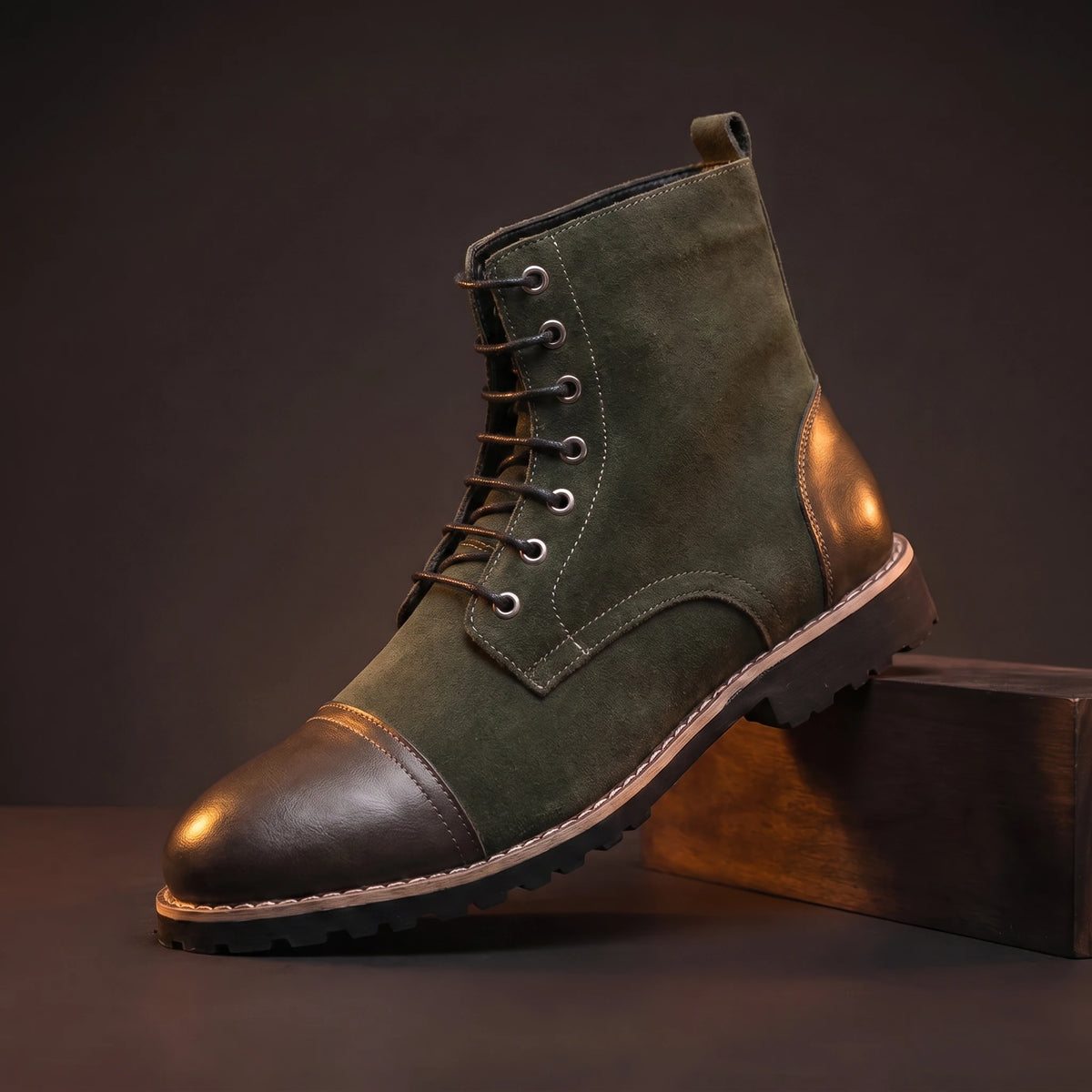 Green glossy leather lace-up ankle boots for men
