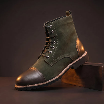 Green glossy leather lace-up ankle boots for men