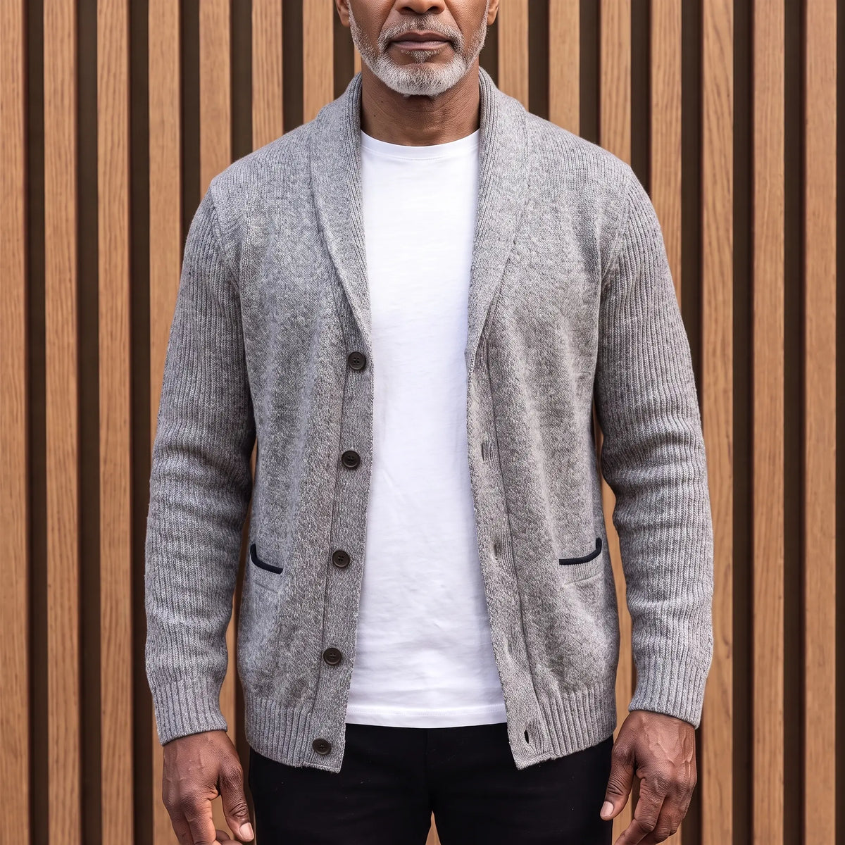 Men's light grey flecked knit shawl collar cardigan worn open over a white tee