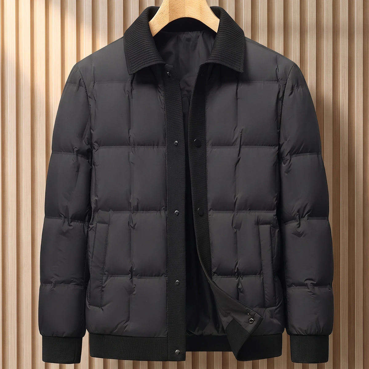 Black box quilted down jacket with ribbed knit collar on a wooden hanger, front view