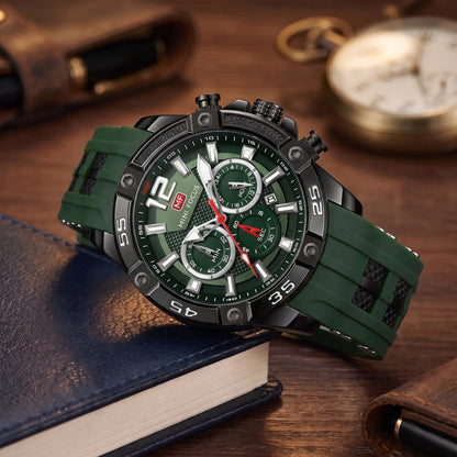Men's green sport chronograph watch with screw-set black bezel and green silicone strap, resting on leather-bound books