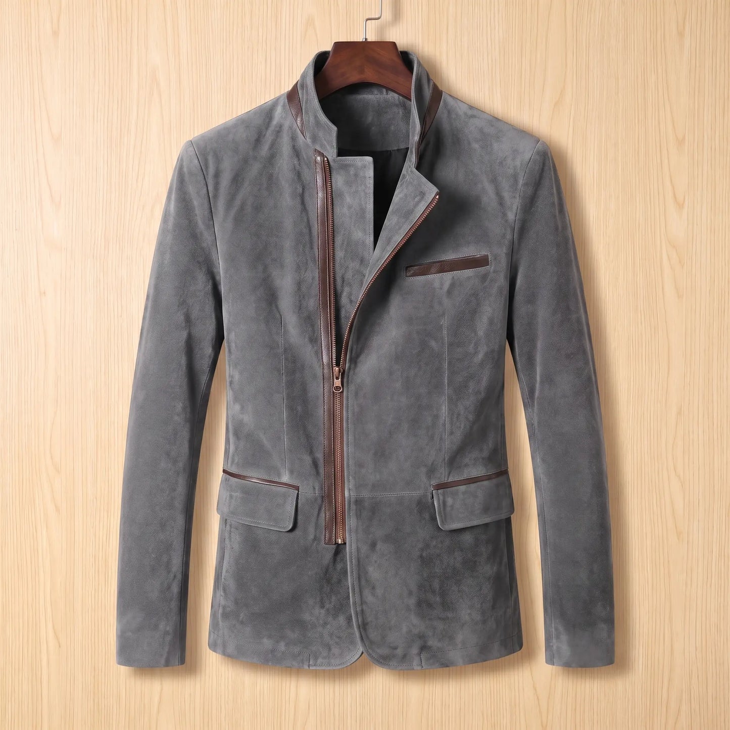 Angled Zip Jacket in grey, men's velvet stand-collar jacket