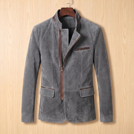 Angled Zip Jacket in grey, men's velvet stand-collar jacket