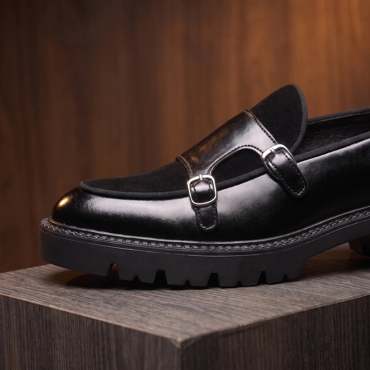 Thick sole loafer toe and buckle strap detail