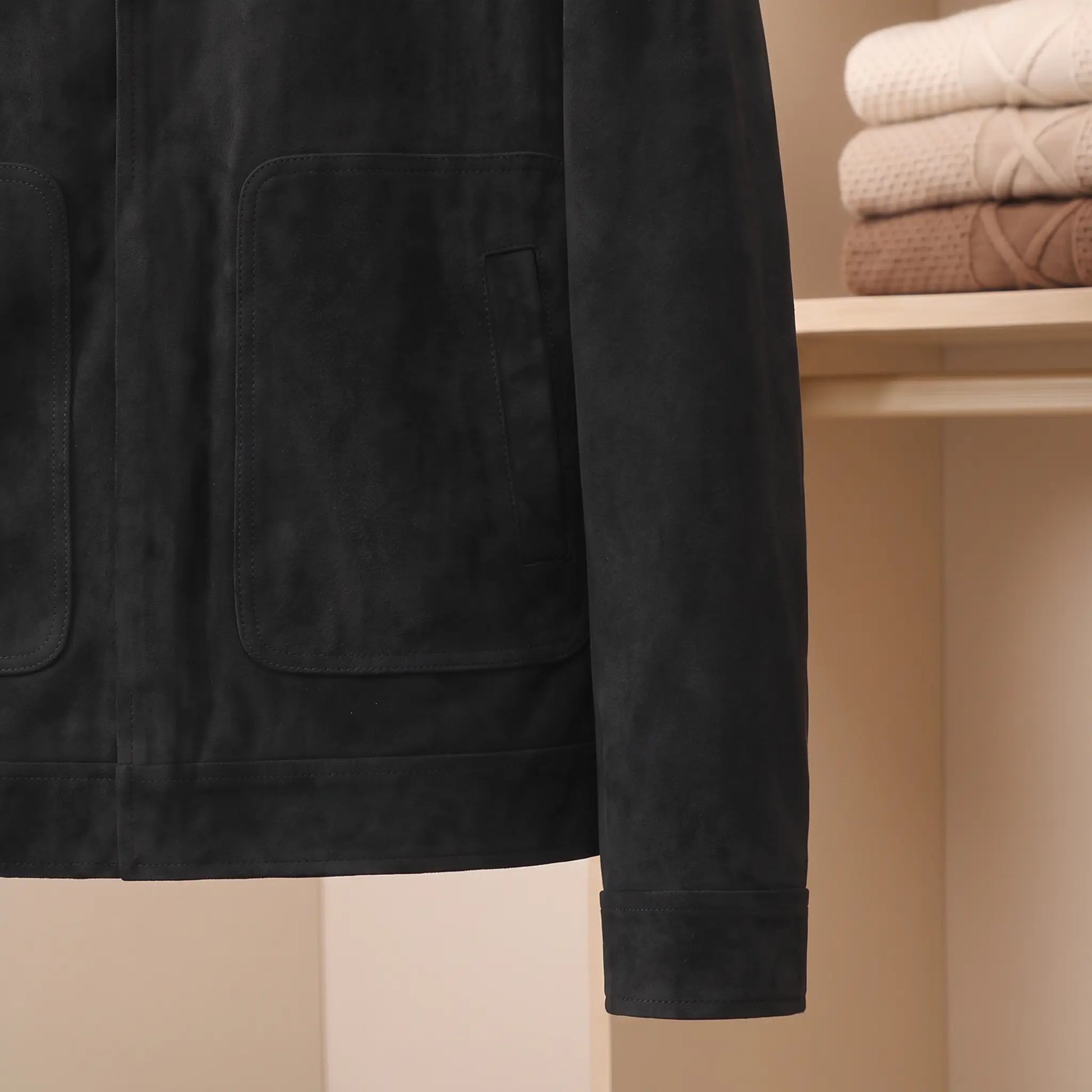 Slim Collared Jacket patch pocket and hem detail