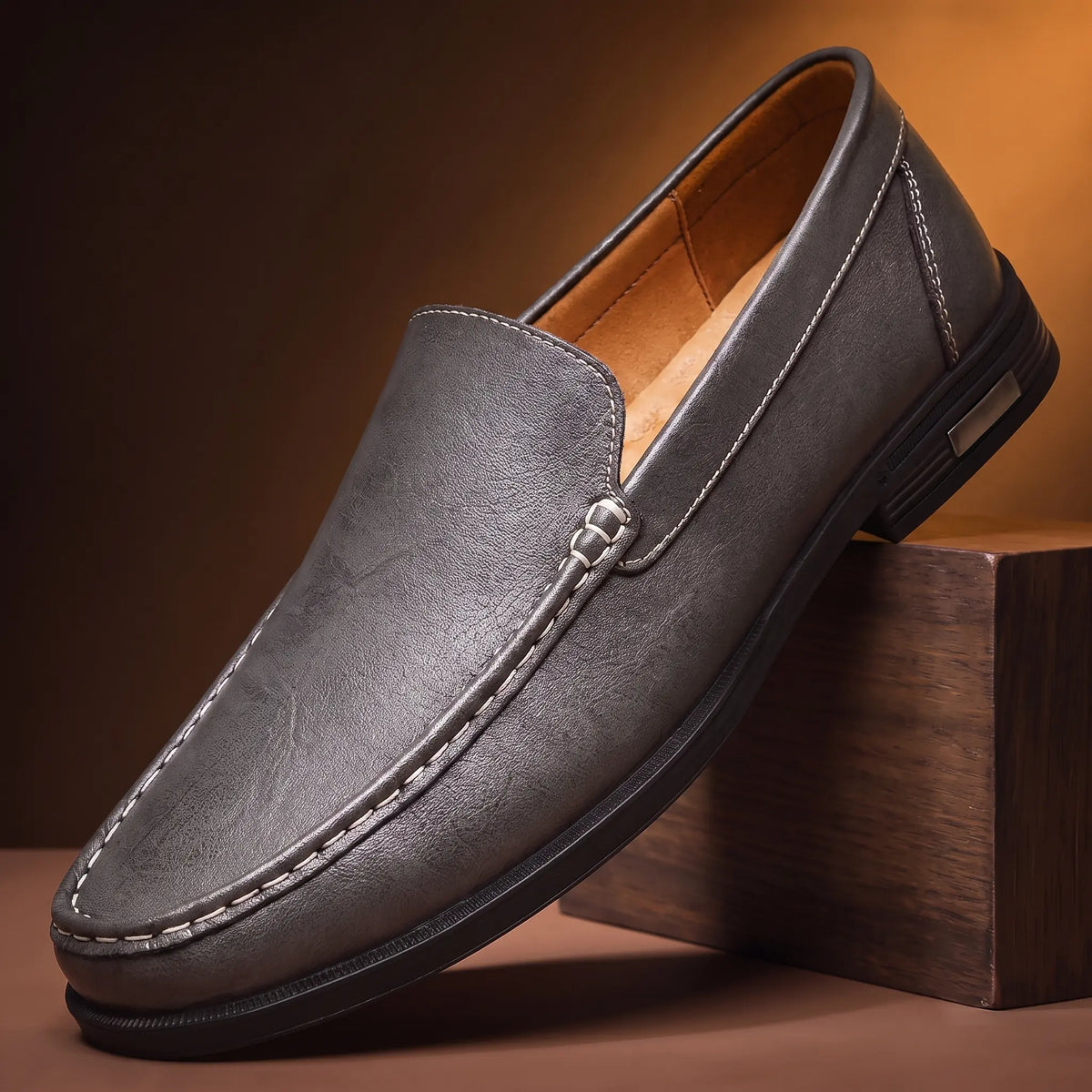 Smooth Leather Toe Loafers in gray, men's slip-on moccasin loafer