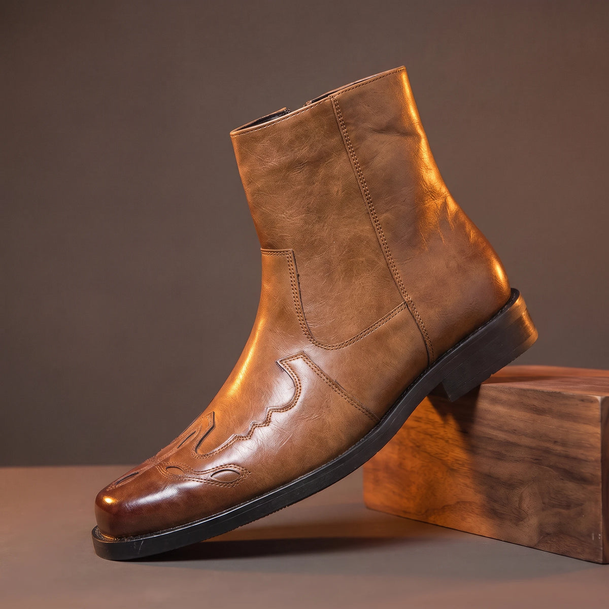 Tan genuine-leather pointed Chelsea boots for men