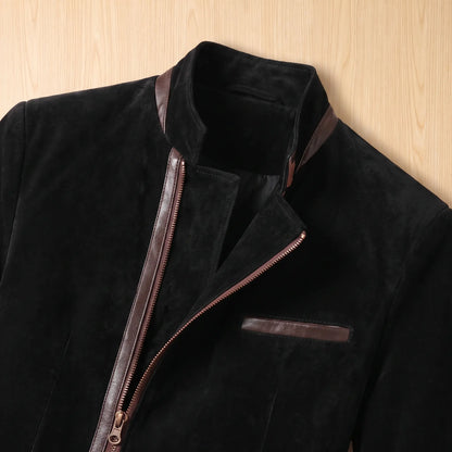 Angled Zip Jacket collar and chest detail, stand collar and diagonal zip