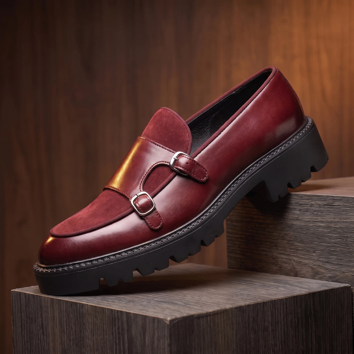 Thick sole leather loafer in red