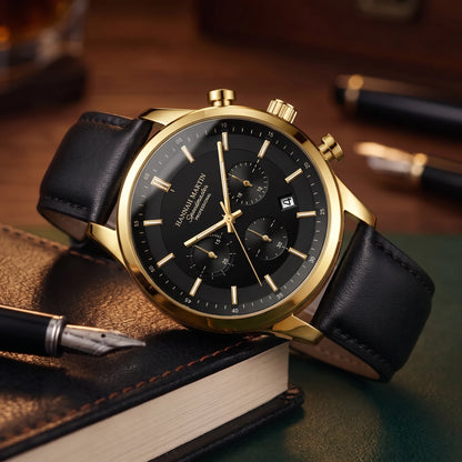 LEATHER CHRONOGRAPH WATCH gold case draped over leather journal on an expedition desk
