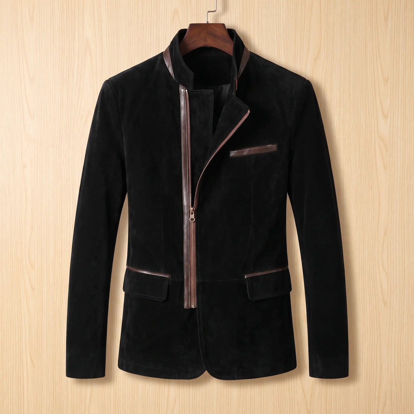 Angled Zip Jacket in black, men's velvet stand-collar jacket with diagonal zip