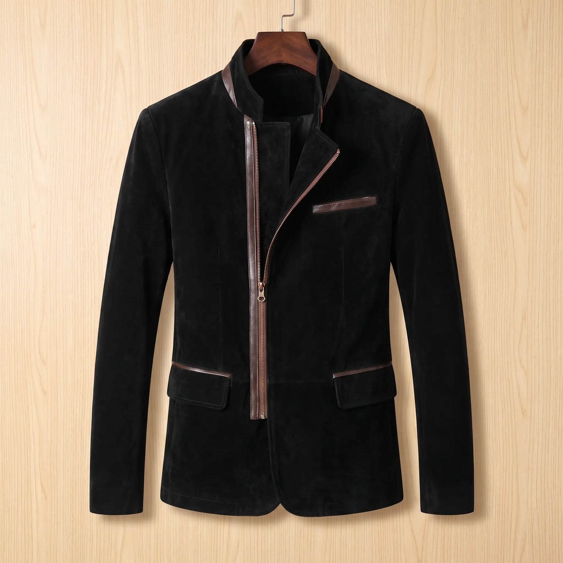Angled Zip Jacket in black, men's velvet stand-collar jacket with diagonal zip