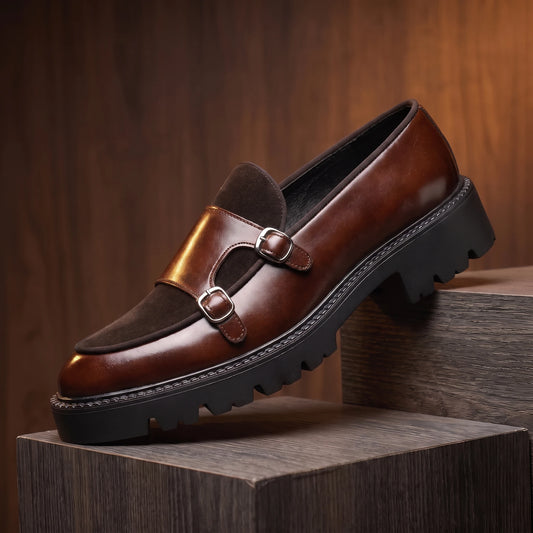 Thick sole leather loafer in brown