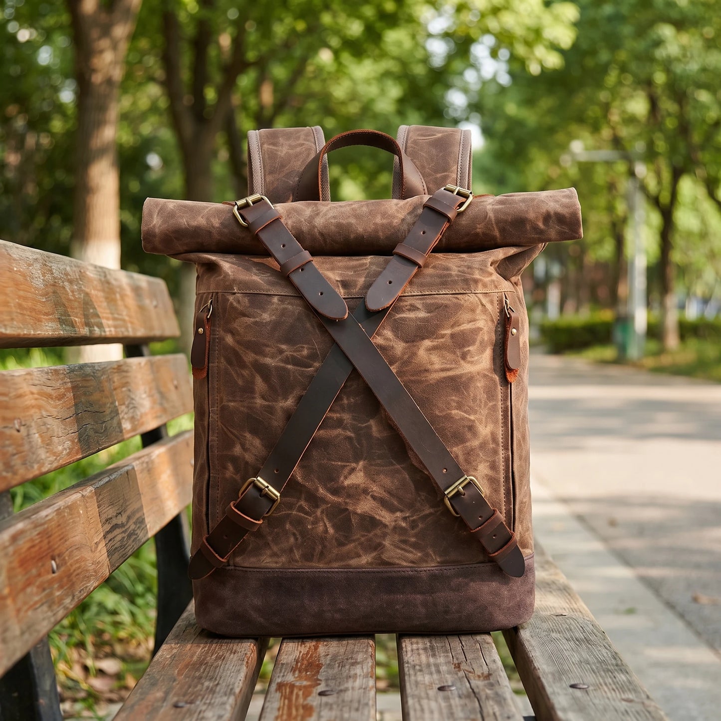 Rugged waxed canvas roll top backpack in coffee brown