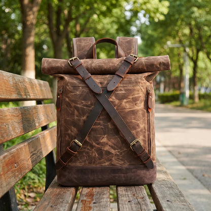 Rugged waxed canvas roll top backpack in coffee brown