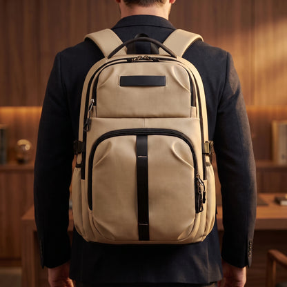 Man wearing large capacity laptop backpack on his back