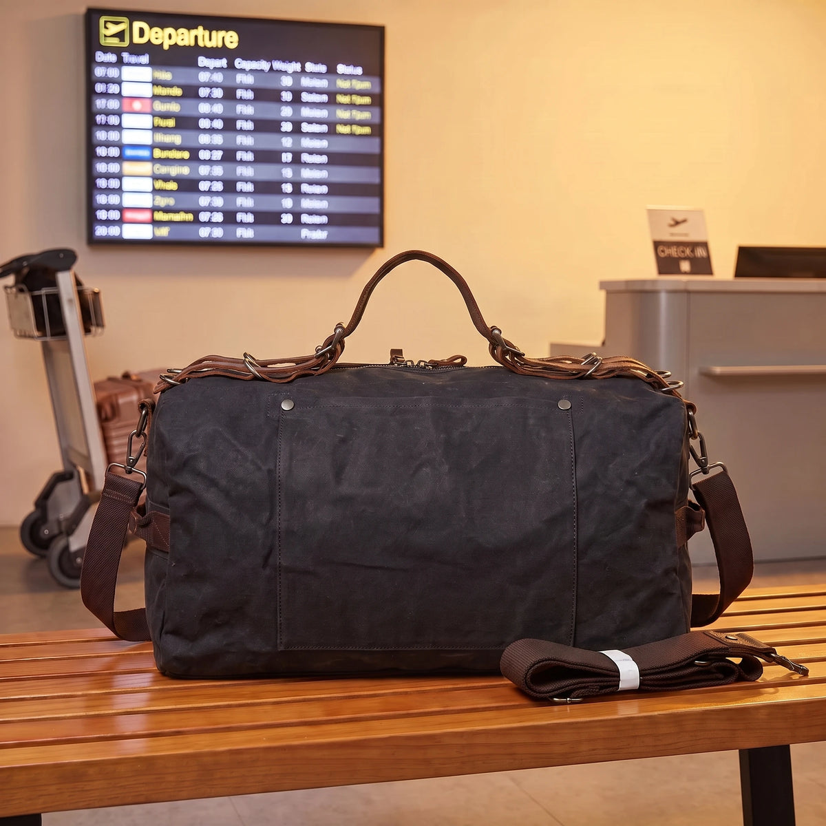 Waxed canvas military duffel bag in black
