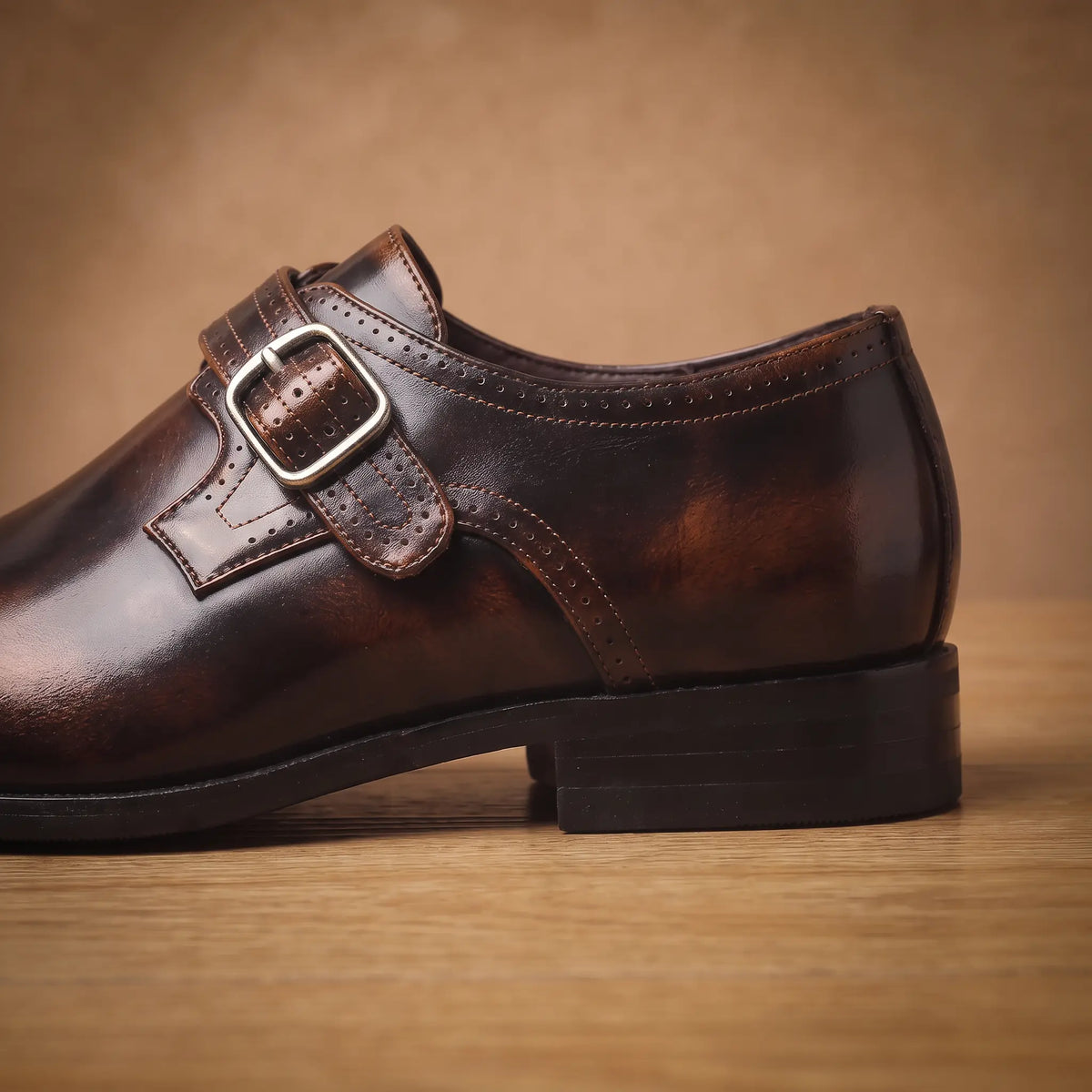 Monk strap shoe buckle and heel detail