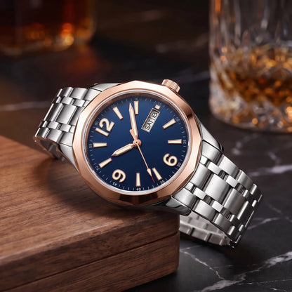 APPLIED NUMERAL WATCH in Rose Gold Blue - two-tone automatic watch with rose gold bezel, blue dial and steel bracelet