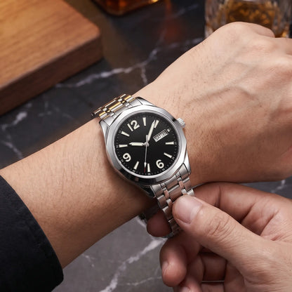 APPLIED NUMERAL WATCH worn on the wrist - fastening the steel bracelet of the black dial automatic watch