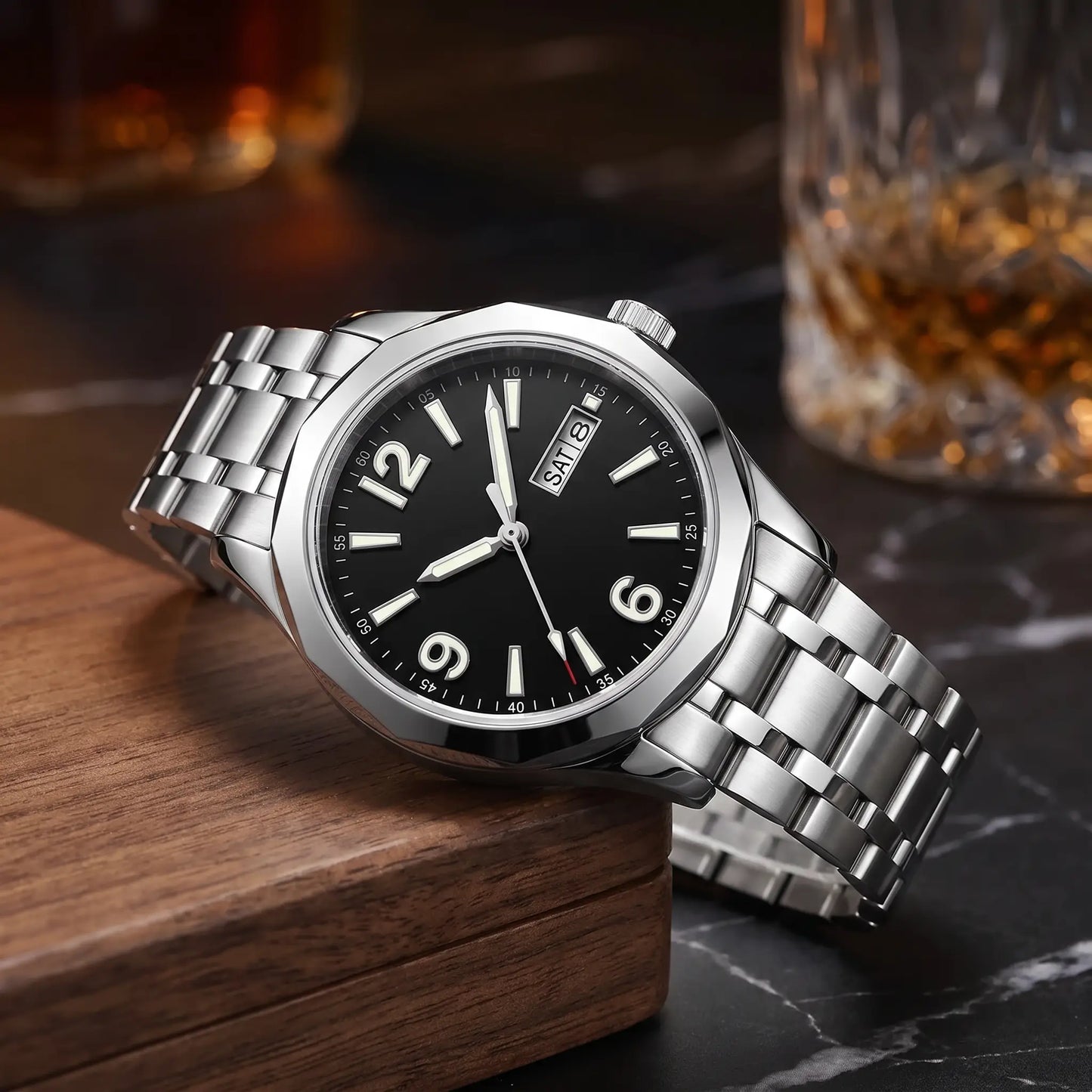APPLIED NUMERAL WATCH in Silver Black - steel automatic watch with black dial, applied 12 9 6 numerals and day-date window