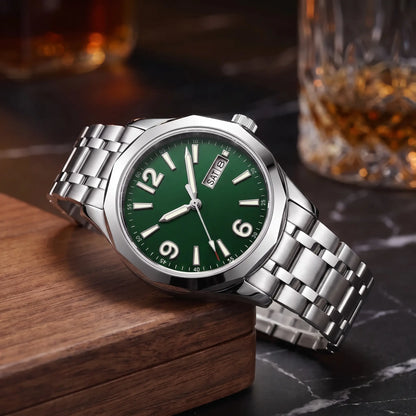 APPLIED NUMERAL WATCH in Silver Green - steel automatic watch with forest green dial, applied 12 9 6 numerals and day-date window