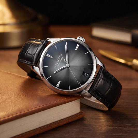 Black dial automatic dress watch for men with a black leather strap