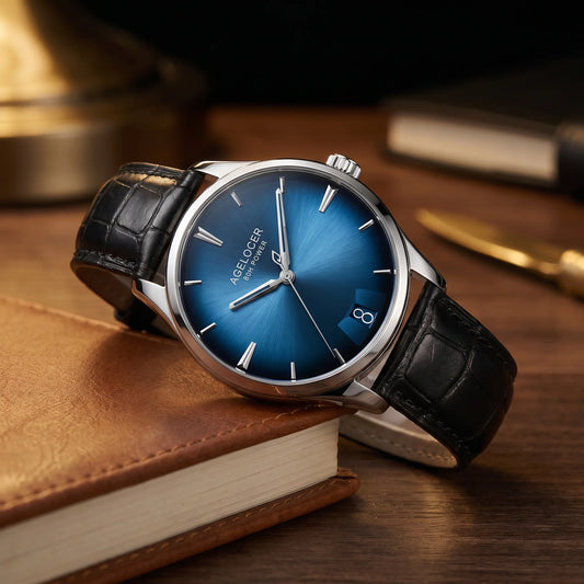 Blue dial automatic dress watch for men with a black leather strap