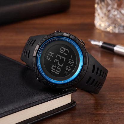 BACKLIT DIGITAL WATCH in blue, men's digital sports watch with compass bezel and vented resin strap