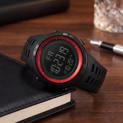 BACKLIT DIGITAL WATCH in red, men's digital sports watch with compass bezel and vented resin strap