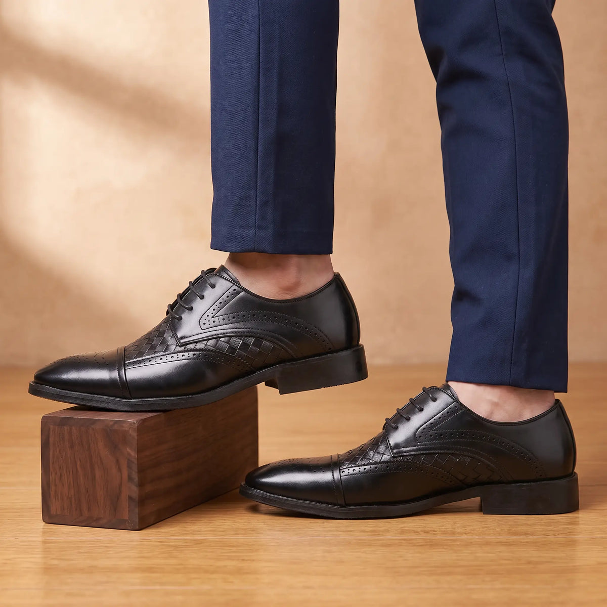 Basket Weave Derby in Black worn as a pair with navy suit trousers