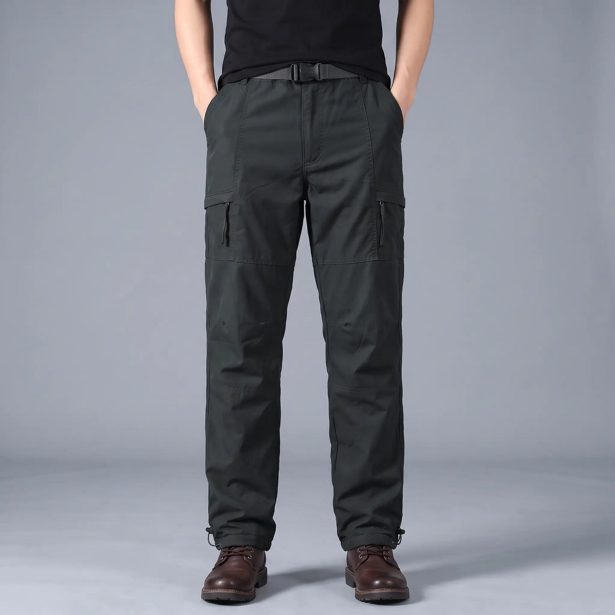 BELTED OUTDOOR TROUSERS in black, men's fleece-lined straight-leg outdoor trousers with webbing belt