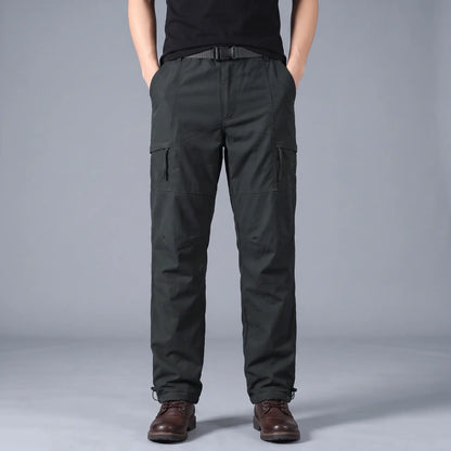 BELTED OUTDOOR TROUSERS in black, men's fleece-lined straight-leg outdoor trousers with webbing belt