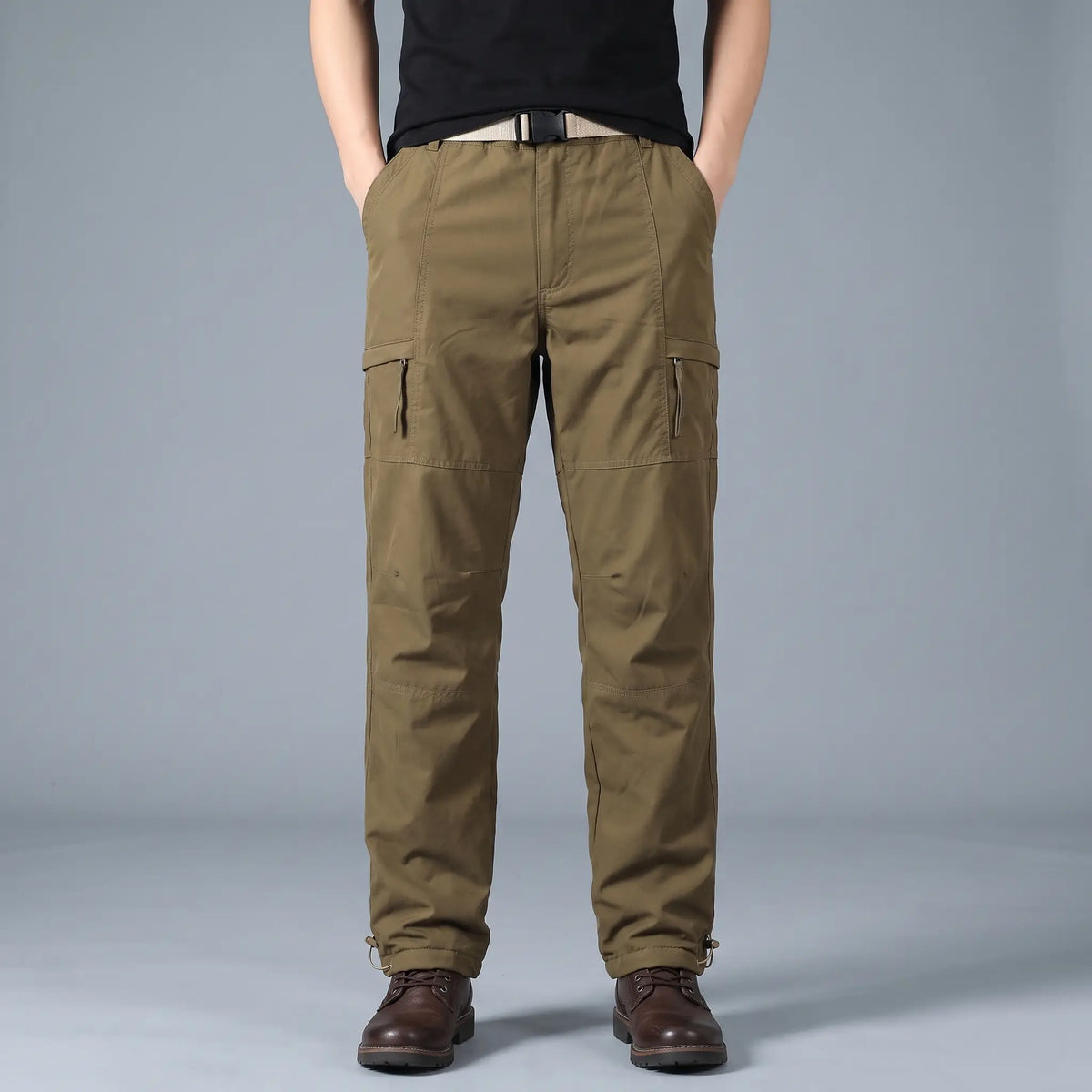 BELTED OUTDOOR TROUSERS in brown, men's fleece-lined straight-leg outdoor trousers with webbing belt