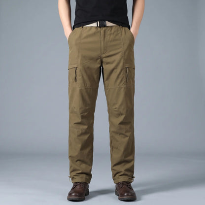 BELTED OUTDOOR TROUSERS in brown, men's fleece-lined straight-leg outdoor trousers with webbing belt