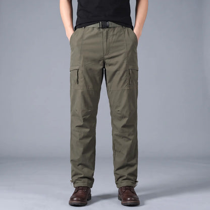 BELTED OUTDOOR TROUSERS in green, men's fleece-lined straight-leg outdoor trousers with webbing belt