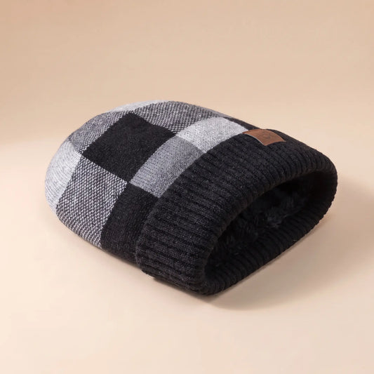 Block knit patchwork beanie in black
