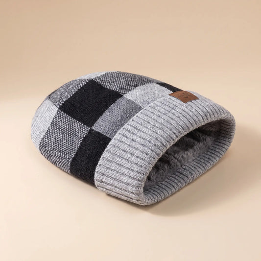 Block knit patchwork beanie in grey