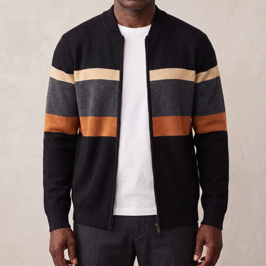 Black men's knit zip cardigan with cream, grey and orange chest stripes and baseball collar, worn open