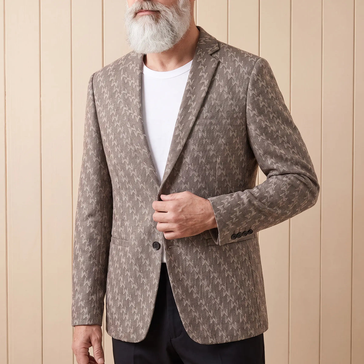 Bold Pattern Blazer in Brown, worn open over a white tee