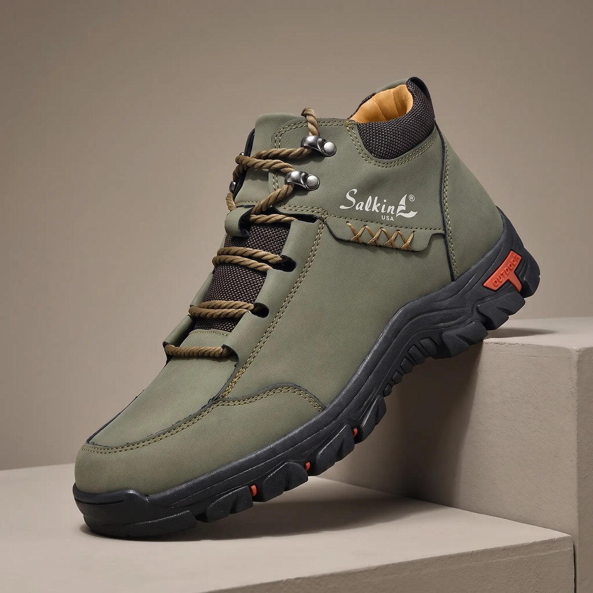 BRAIDED CORD BOOTS in army green, men's mid-cut lace-up outdoor boot with braided cord laces and chunky lug sole