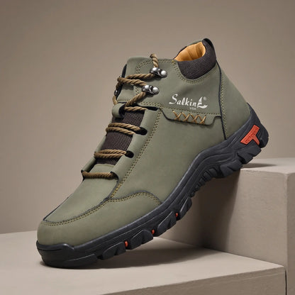 BRAIDED CORD BOOTS in army green, men's mid-cut lace-up outdoor boot with braided cord laces and chunky lug sole