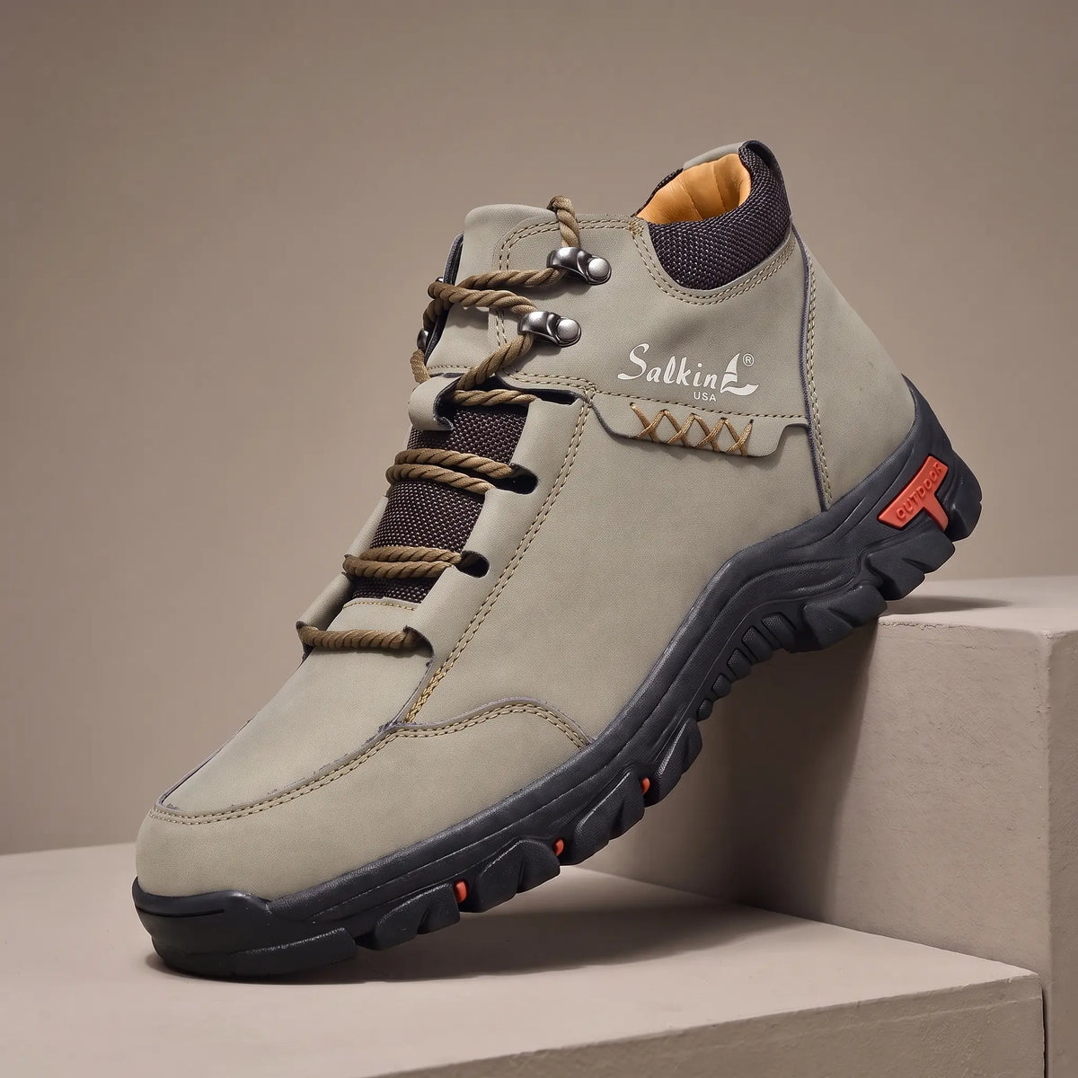 BRAIDED CORD BOOTS in beige, men's mid-cut lace-up outdoor boot with braided cord laces and chunky lug sole