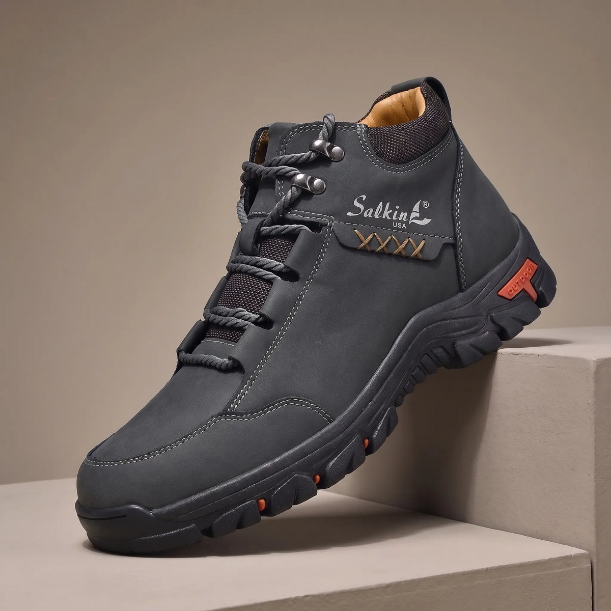 BRAIDED CORD BOOTS in dark grey, men's mid-cut lace-up outdoor boot with braided cord laces and chunky lug sole