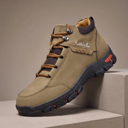 BRAIDED CORD BOOTS in khaki, men's mid-cut lace-up outdoor boot with braided cord laces and chunky lug sole