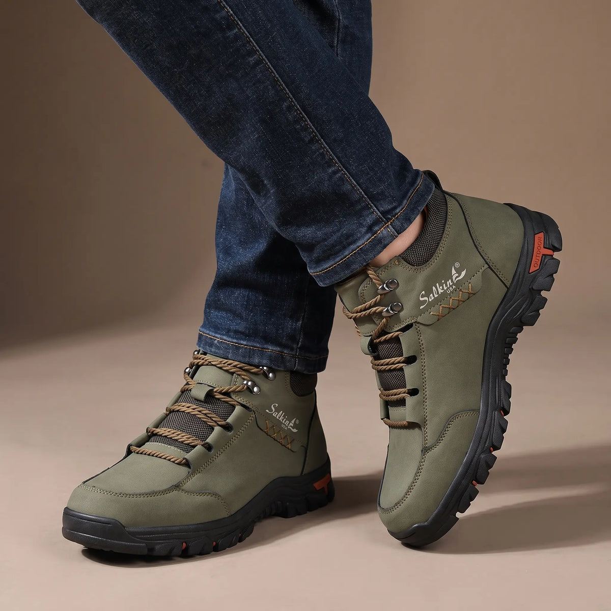 Men wearing BRAIDED CORD BOOTS in army green with dark jeans