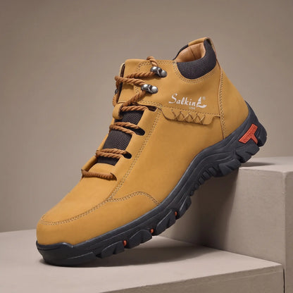 BRAIDED CORD BOOTS in yellow, men's mid-cut lace-up outdoor boot with braided cord laces and chunky lug sole